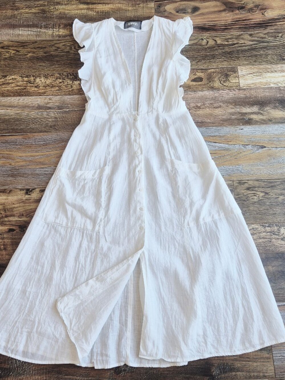 Reformation Linen Ruffle Sleeveless Deep V-Neck Midi Dress Button-Front Pocket - Picture 3 of 15